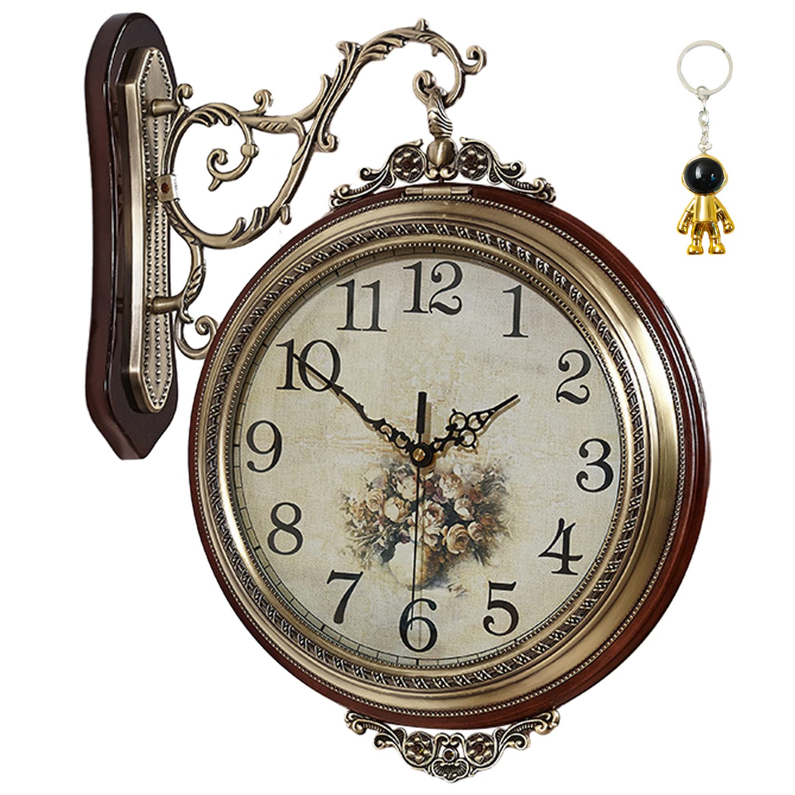 rnuie Large Wall Clock Retro Decor,Metal Double Sided 360° Wall Watch,Battery Operated Wall-Mounted Clock for Living Room,Kitchen,Bedroom,Bar Decor