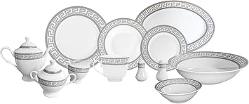 Dinnerware Set for 8-57 Piece Porcelain Dish Set - Elegant Meander Silver | White Plates, Cups, Saucers and Bowls, Vintage-Inspired for Everyday Use and Special Occasions
