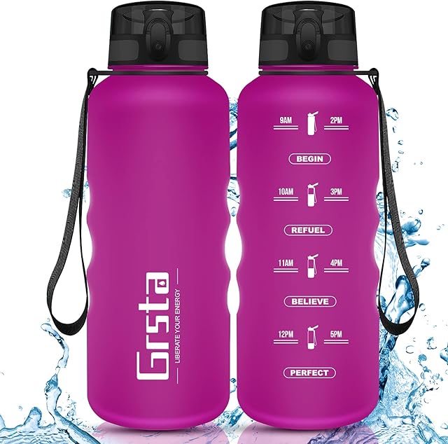Grsta Sports Water Bottle, 350ml/500ml/800ml/1L/1.5 L Drink Bottles with Time Marker & Filter One Click Flip Lid BPA Free Tritan Plastic Eco-Friendly Sports Water Cup for Kids, Gym, Hiking, Bicycle