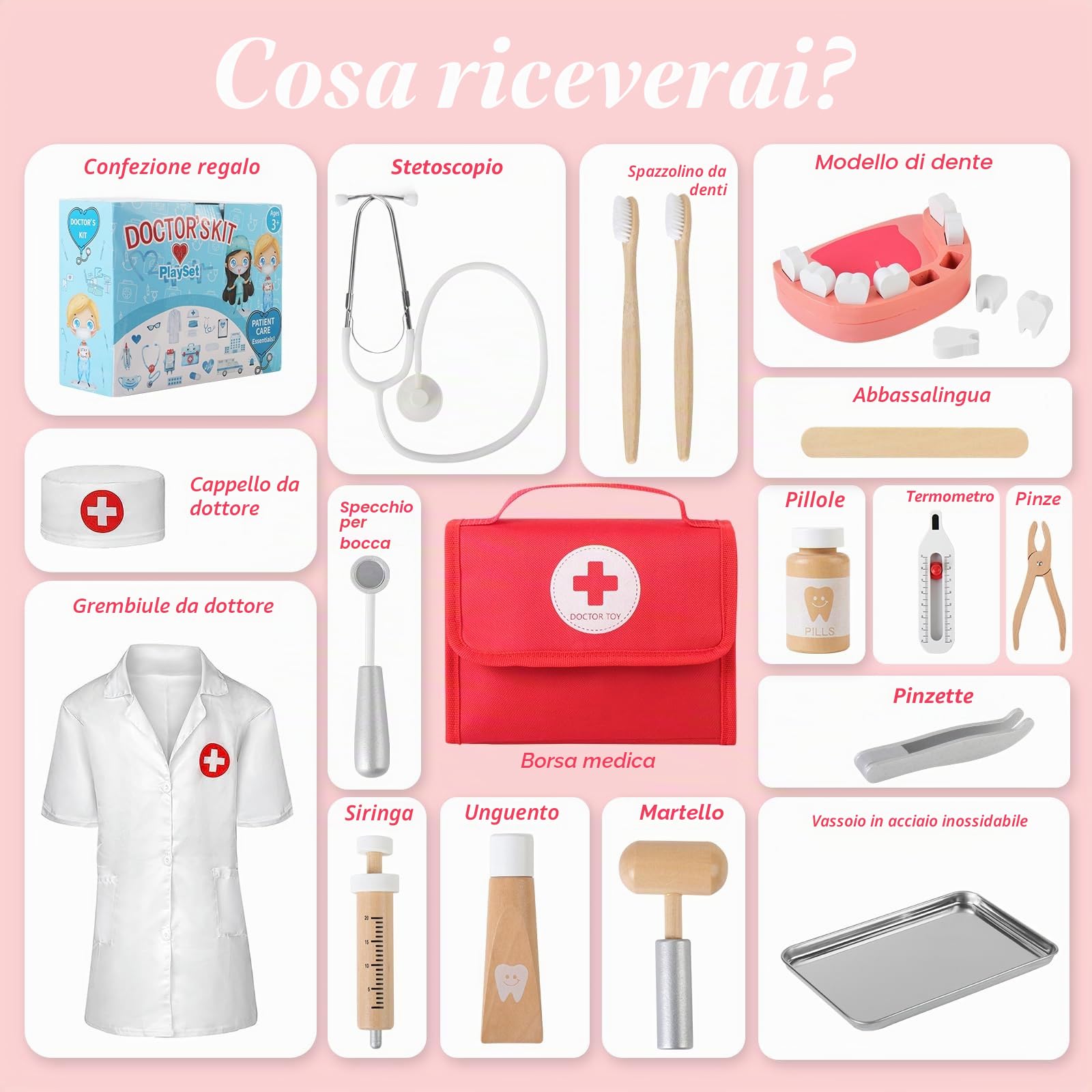 Mardo Valigetta Dottore Bambini Legno con vero Stetoscopio Borsa Dottore Gioco Dottoressa Bambina Attrezzo Medico Giocattolo Bambina a Partire dai 3 4 5 6 Anni