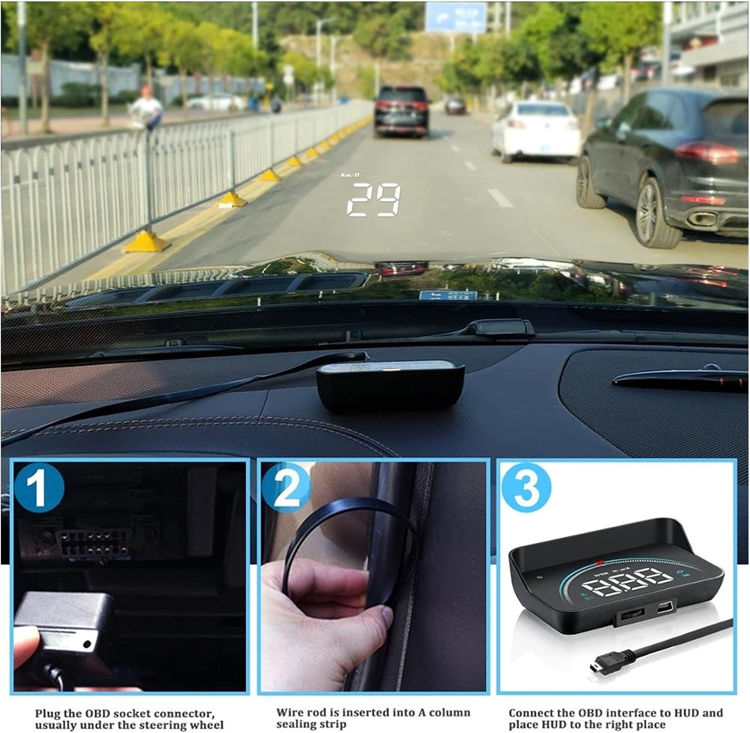 Three-step installation guide for the M8 Car HUD: plugging the OBD socket, routing the cable, and connecting the HUD unit