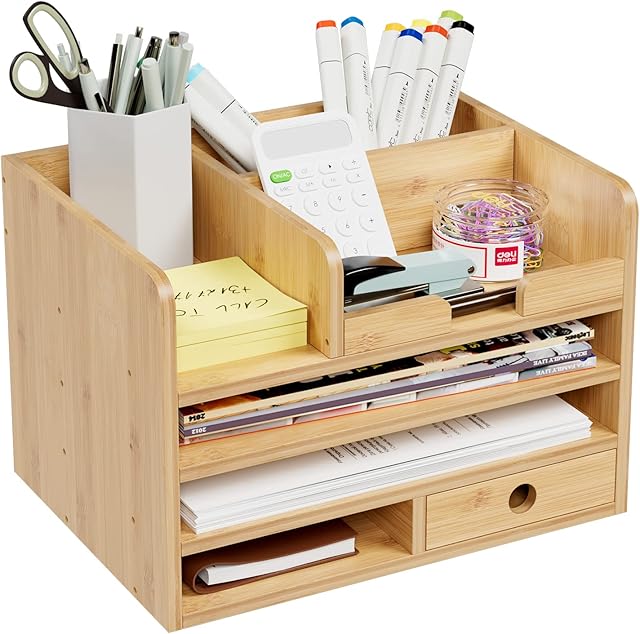 HOCSOK Wooden Desk Organiser, Bamboo Desktop Storage with Drawer and Shelf, Stationery Holder for A4 Papers, Documents, Notebooks