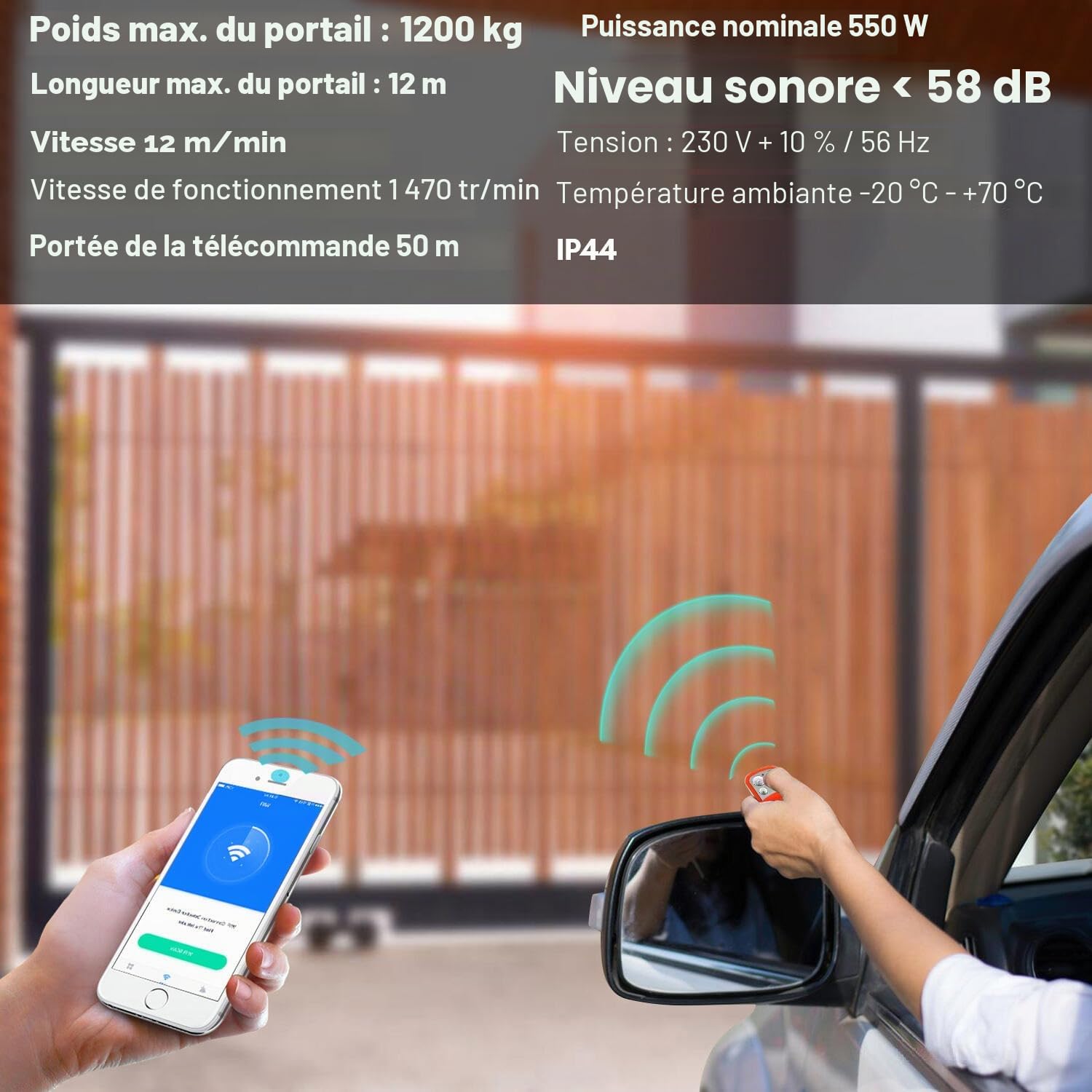 Moteur de portail coulissant 550W, entraînement de porte de garage jusqu'à 1200 kg, ensemble de moteur de portail coulissant avec télécommandes et fonction WLAN, entraînement