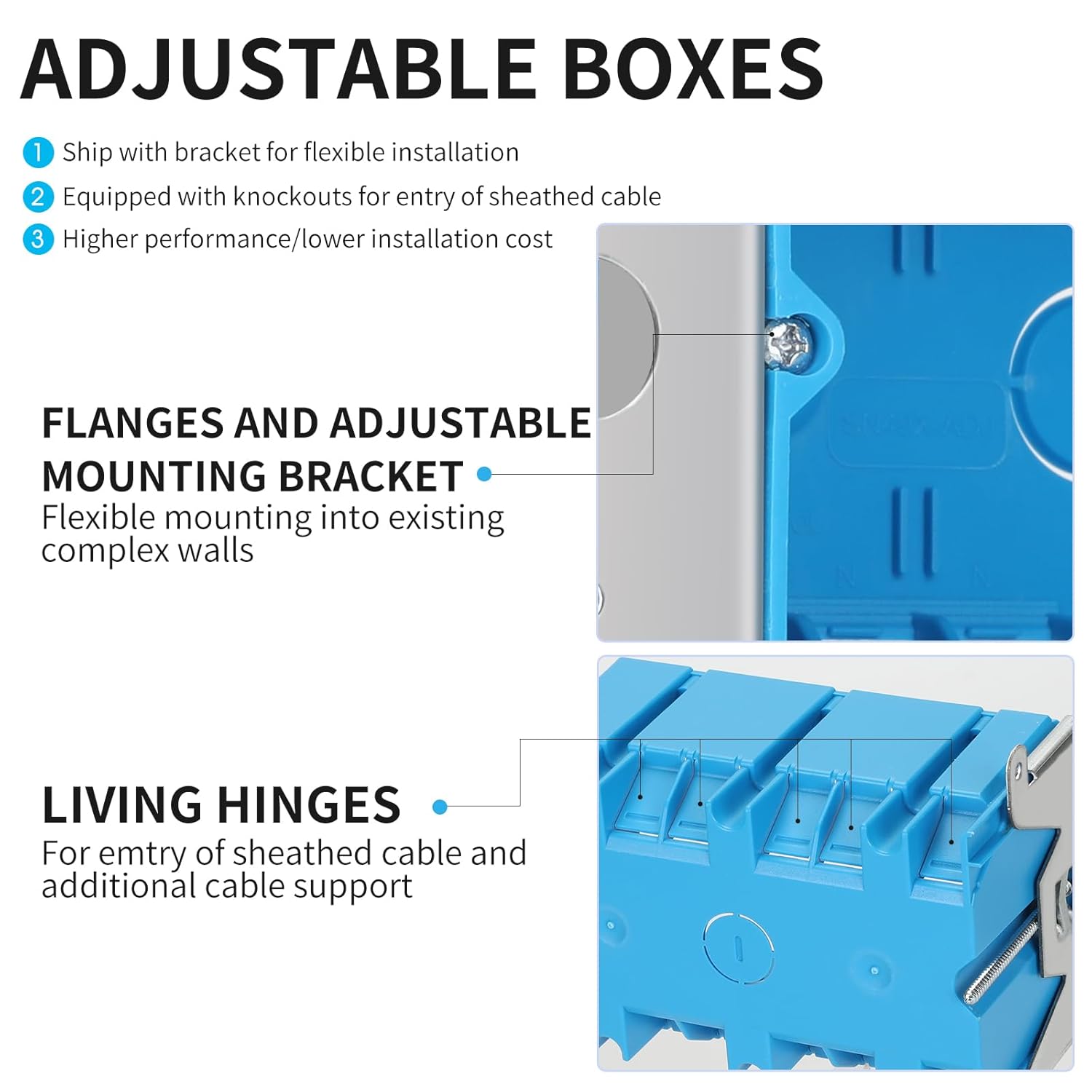 XIUTE Blue 3-Gang PVC Adjustable Switch/Outlet Wall Electrical Box, Interior Space of 49 Cubic Inches,for The Electrical Installation of Buildings,ETL，6-Pack
