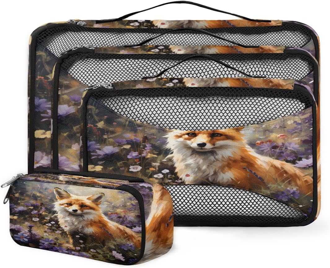 4 Set Packing Cubes for Suitcases, Travel Essentials for Carry on Luggage, Colorful Fox Suitcase Organizers for Clothes Shoes Toiletries Travel Accessories in 4 Sizes - Watercolor Fox
