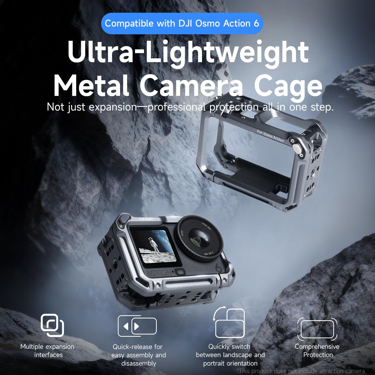 LKTOP Camera Cage for DJI Osmo Action 6 Camera Accessories, Protective Cage Expansion Frame Case with 1/4" Screw Magnetic Port Compatible with Tripod/Selfie Stick/Fill Light