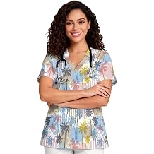 PinUp Angel Vibrant Cute Graphic Scrub Top for Women V-Neck Short Sleeve Lightweight Workwear for Veterinary Staff