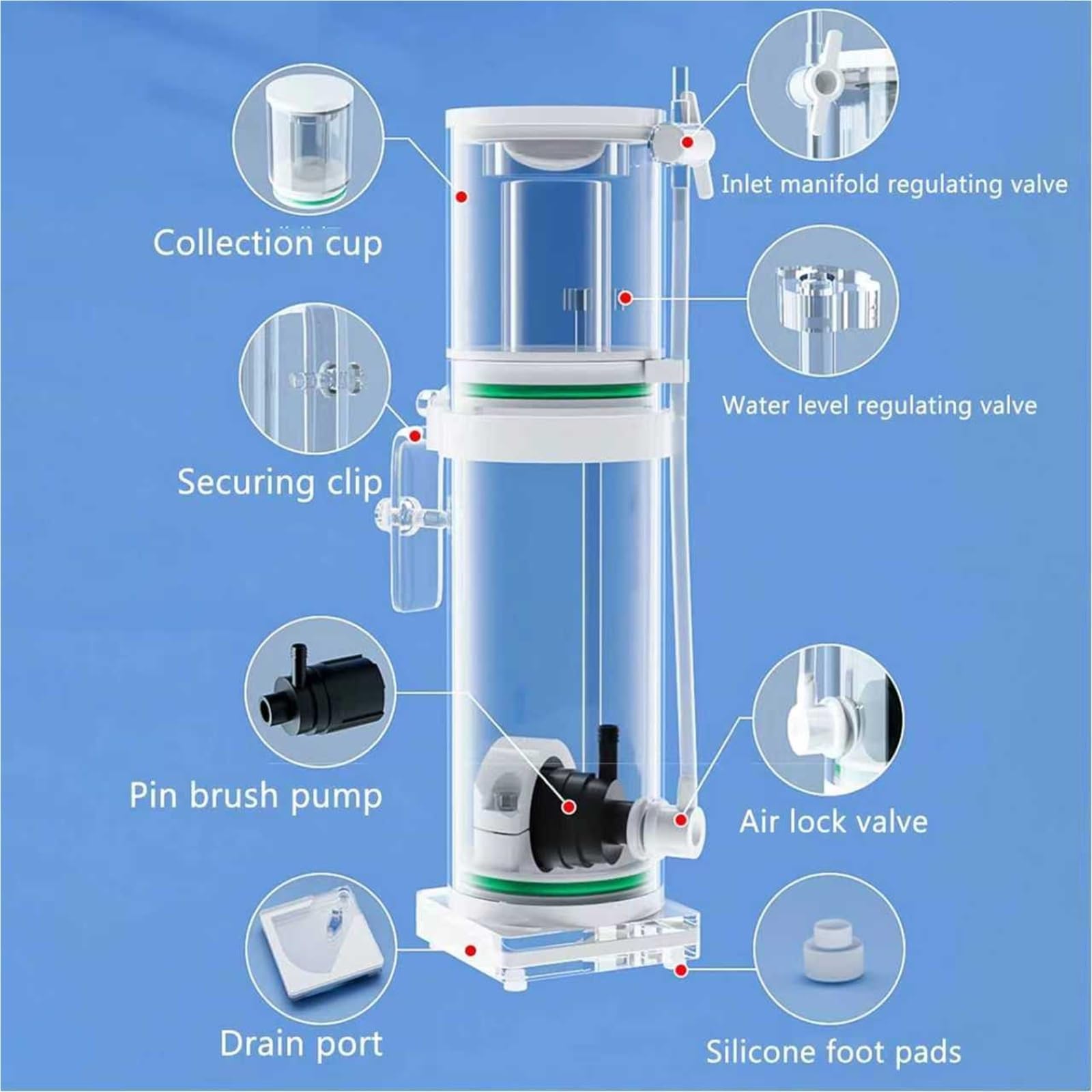 Skimmer de proteínas para acuarios de agua salada | Skimmer de superficie con tubo de aguas residuales | Herramienta de limpieza de filtro separador de recogida