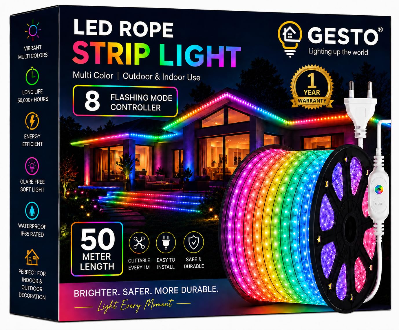 Gesto 50 Meter Multicolor LED Rope Strip Light | IP65 Waterproof Indoor & Outdoor Lights for Balcony, Home Decor & Cove
