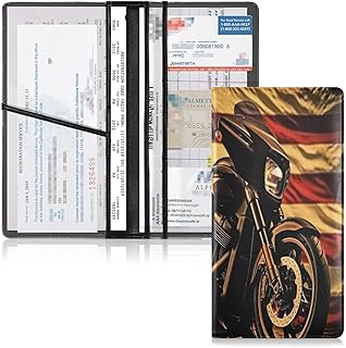 Vintage Motorcycle Flag Car Registration and Insurance Holder, PU Leather Glove Box Organizer with Magnetic Closure for Essential Documents, Cards, Driver License