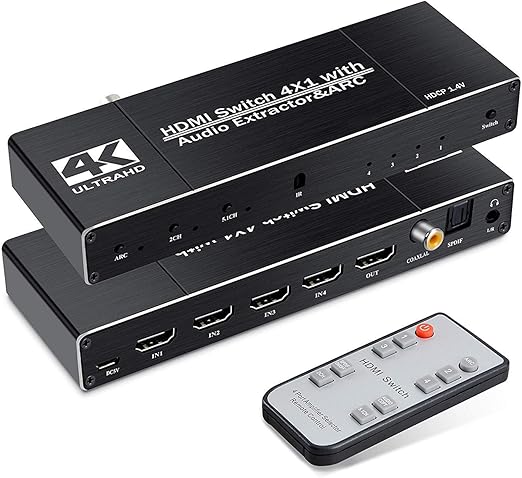 Amazon オプティカル 同軸 3 5mmオーディオ出力付きhdmiスイッチ Irワイヤレスリモートコントロール付き4 X 1 Hdmiスイッチャーハブ4ポート Hdmi2 0 Hdcp 1 4 サポートarc 4k 60hz Xbox Ps4 ブルーレイプレーヤー 周辺機器 アクセサリ