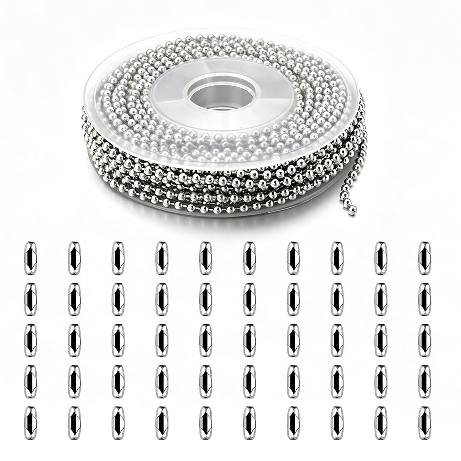 Pqrsde 33 Feet Ball Chain Roller Blind Chain 2.4 mm Stainless Steel Blind Beads Chain with 50 Matching Connectors for DIY Jewellery Making and Craft Projects