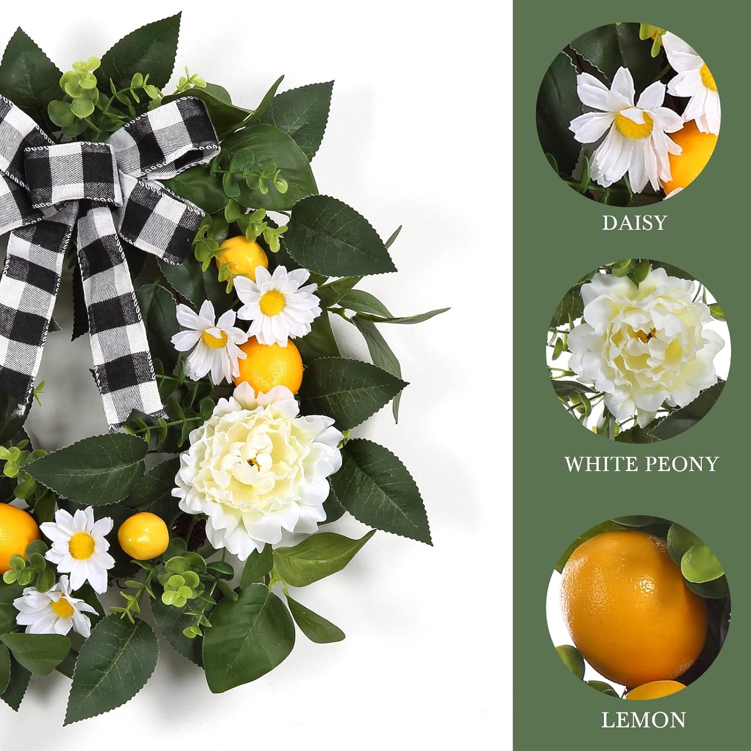 Garvee 20" Lemon Wreath for Front Door, Spring Summer Fruit Wreath with Artificial Yellow Lemon Peony Flower and Buffalo Check Bow, Lemon Decor for Farmhouse Kitchen Porch Wall Home Decor