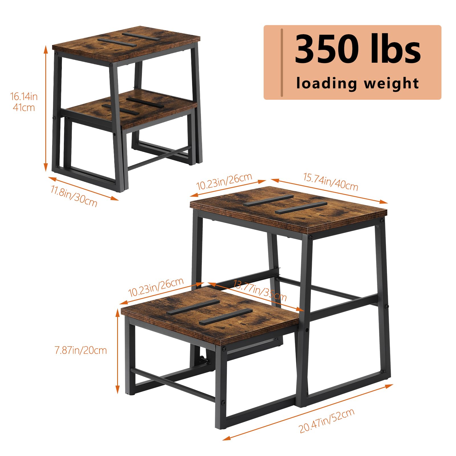 LIANTRAL Sgabello 2 in 1 per adulti e bambini, robusta struttura in metallo, supporto fino a 158,8 kg, sgabello alto, per casa, ufficio, camper, marrone rustico