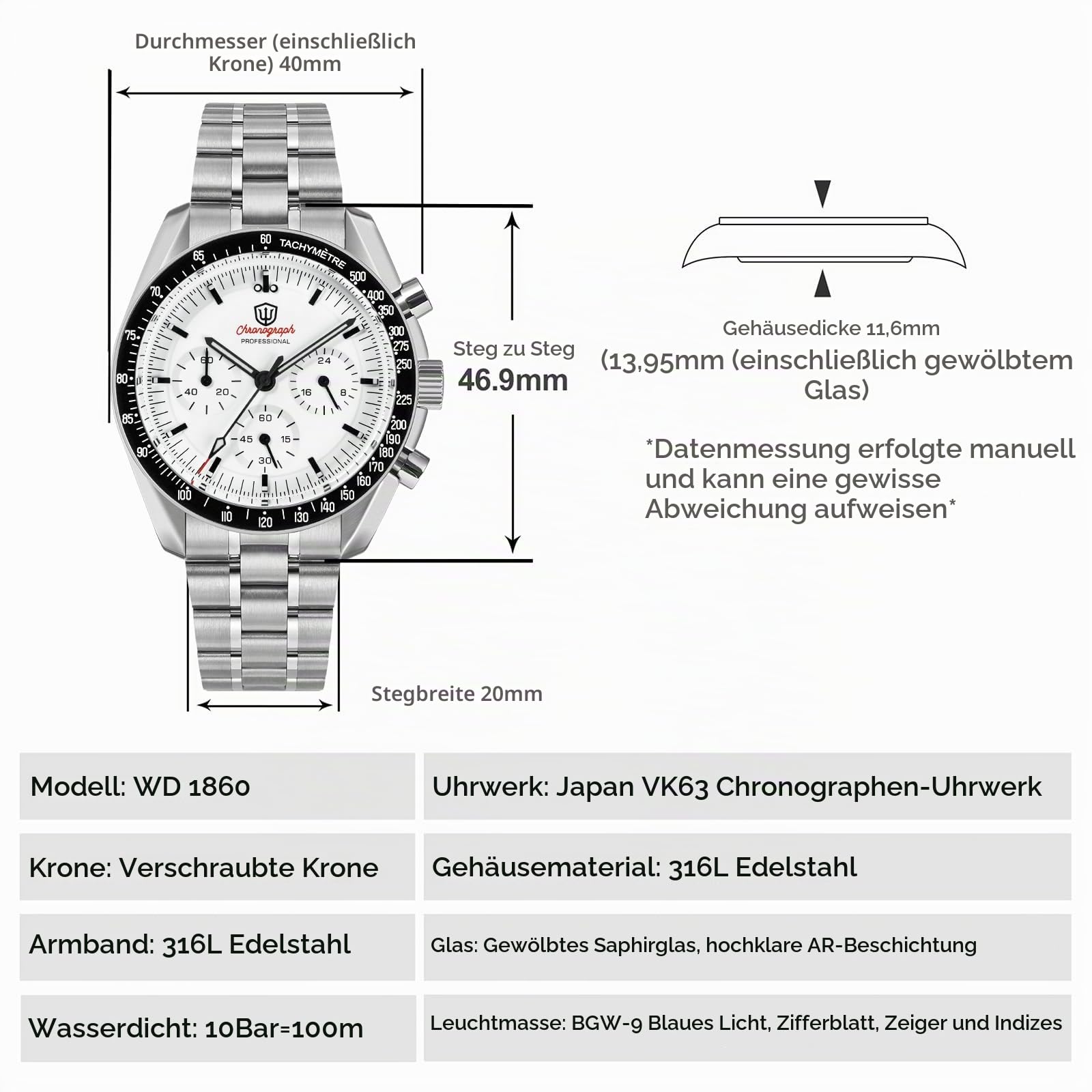 watchdives WD1860 WD1861 WD1863 Herren Chronograph, Japanisches VK63 Quarz Sportuhr, 40 mm Bubble Saphirglas Armbanduhr, 100 M Taucheruhr mit Edelstahlarmband