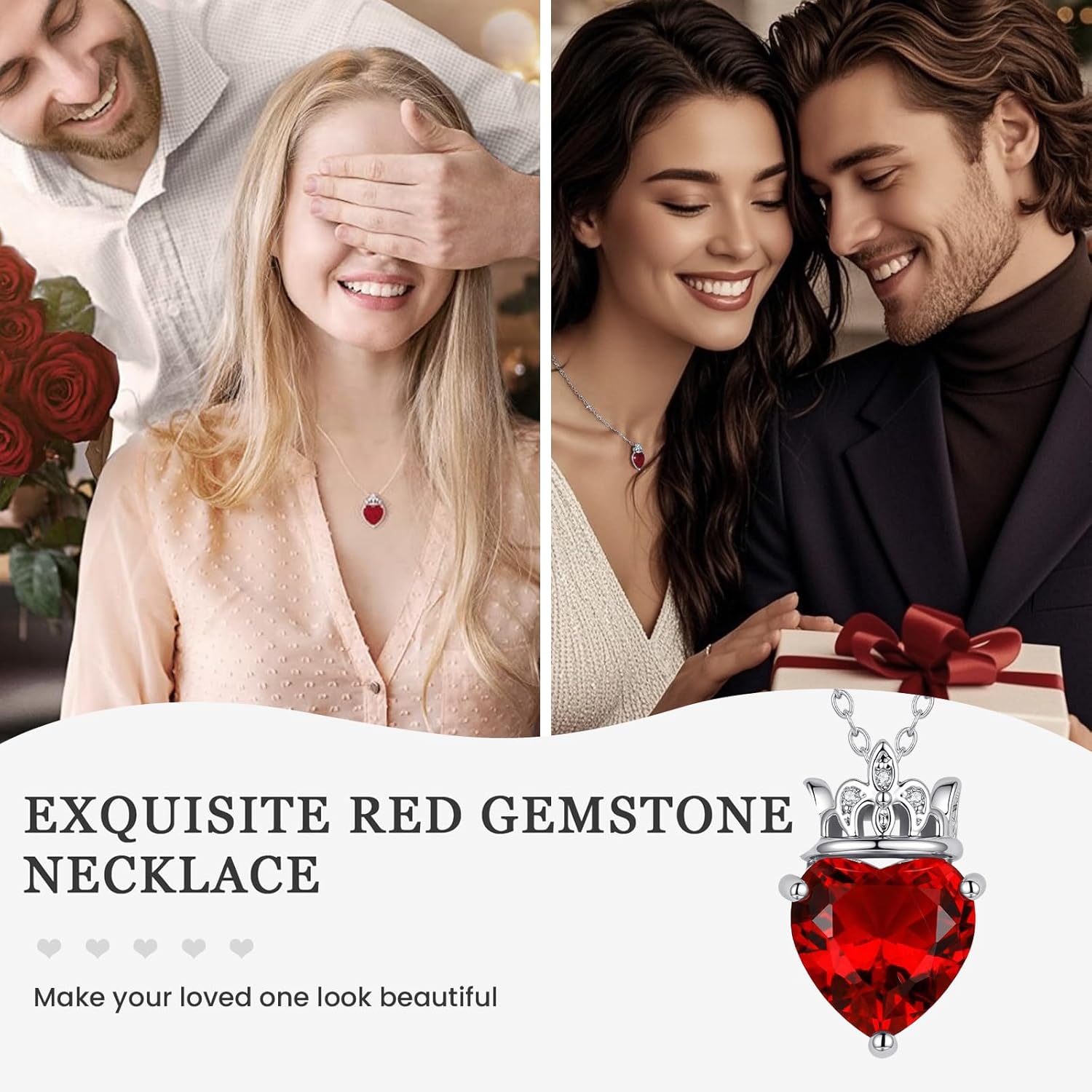 Lolitta Valentine's Day Gift Necklace Red Crown Crystal Heart Pendant For Women, 18K White Gold Plated 18+2 Inch Adjustable Chain, Dainty Jewelry Rose Gifts Set, Gifts For Women Mom Her - Image 4