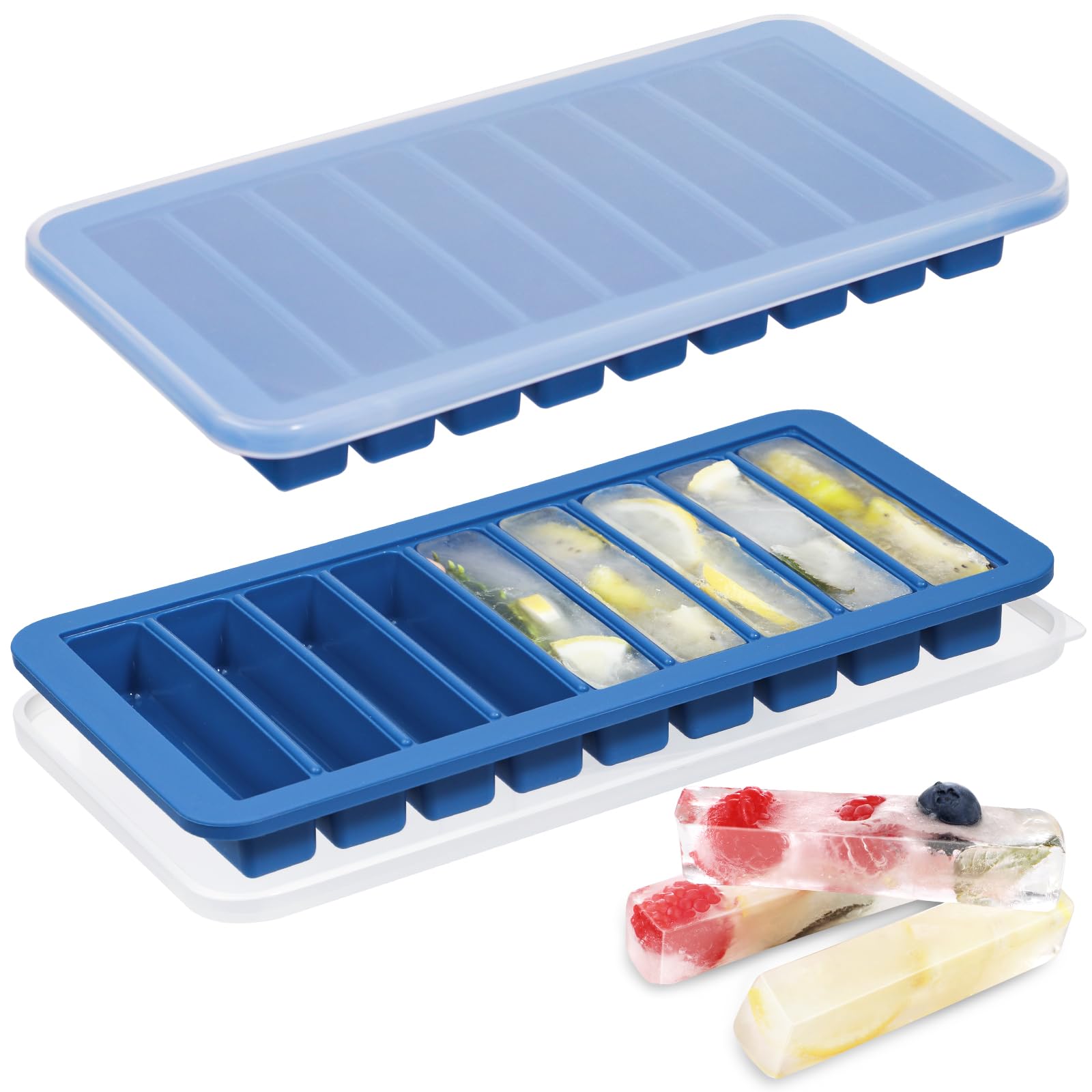 Koluti Nonstick Silicone 9 Ice Cubes Freezer Tray with Plastic Lid, 2-Pack Water Bottle Long Narrow Stick Ice Cube Mold Maker, Ideal for Sport Bottles, Cocktail and Whisky, Dishwasher Safe & BPA Free