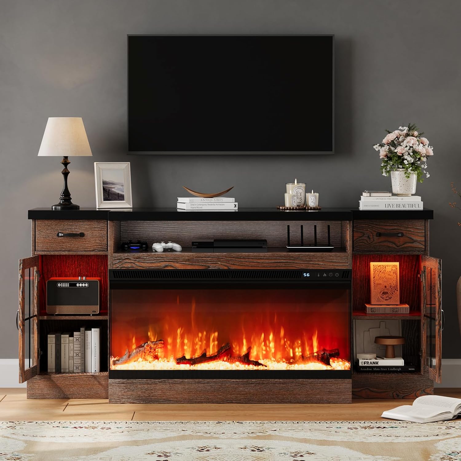 4 EVER WINNER Electric Fireplace TV Stand with Fireplace, 70" Farmhouse Fireplace Entertainment Center with Storage Cabinets,TV Console for TVs Up to 80", TV Stands for Living Room,Brown