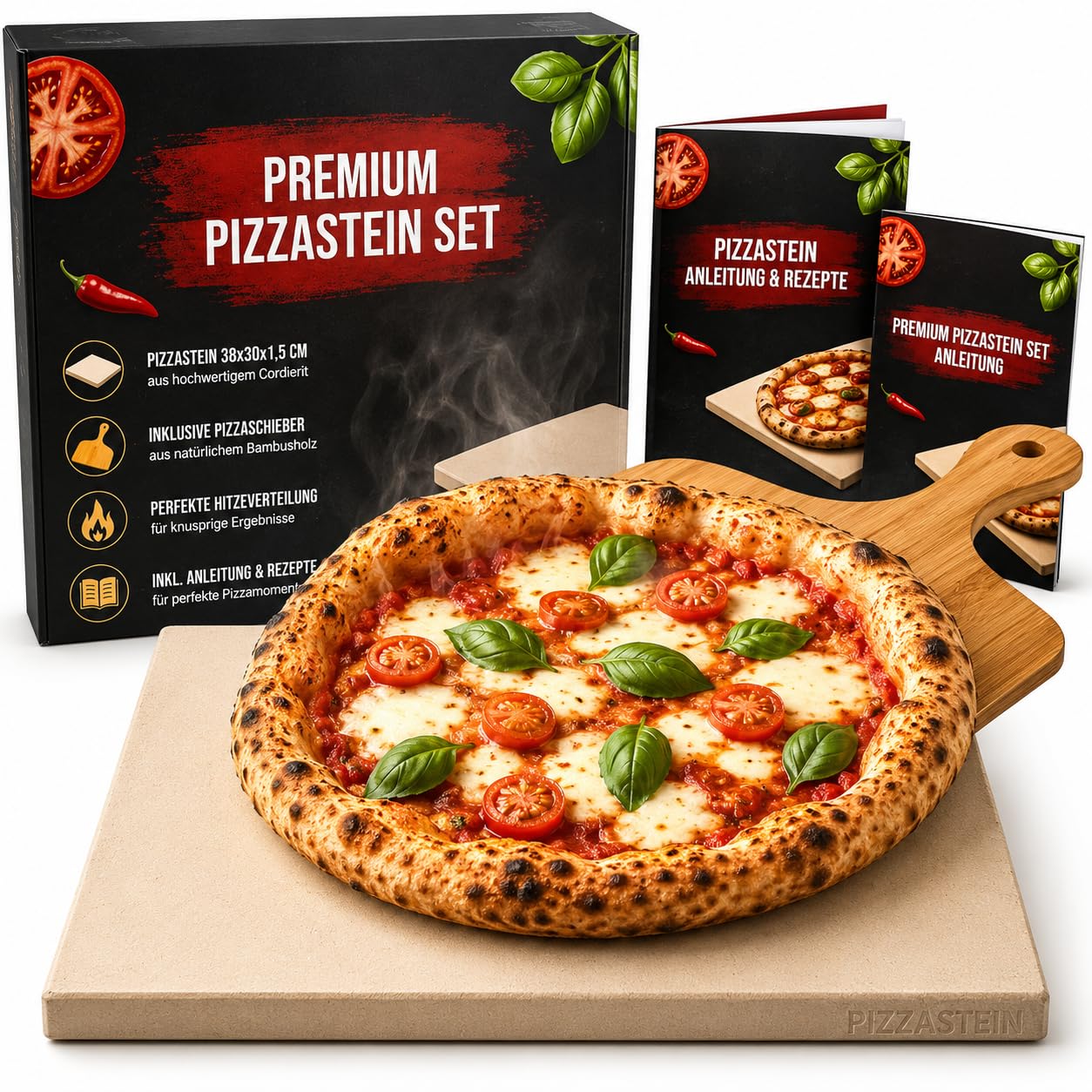 Premium Pizzastein Set für Grill & Backofen – Cordierit Pizzastein inkl. Bambus Pizzaschieber & Rezeptbuch (Rechteckig)