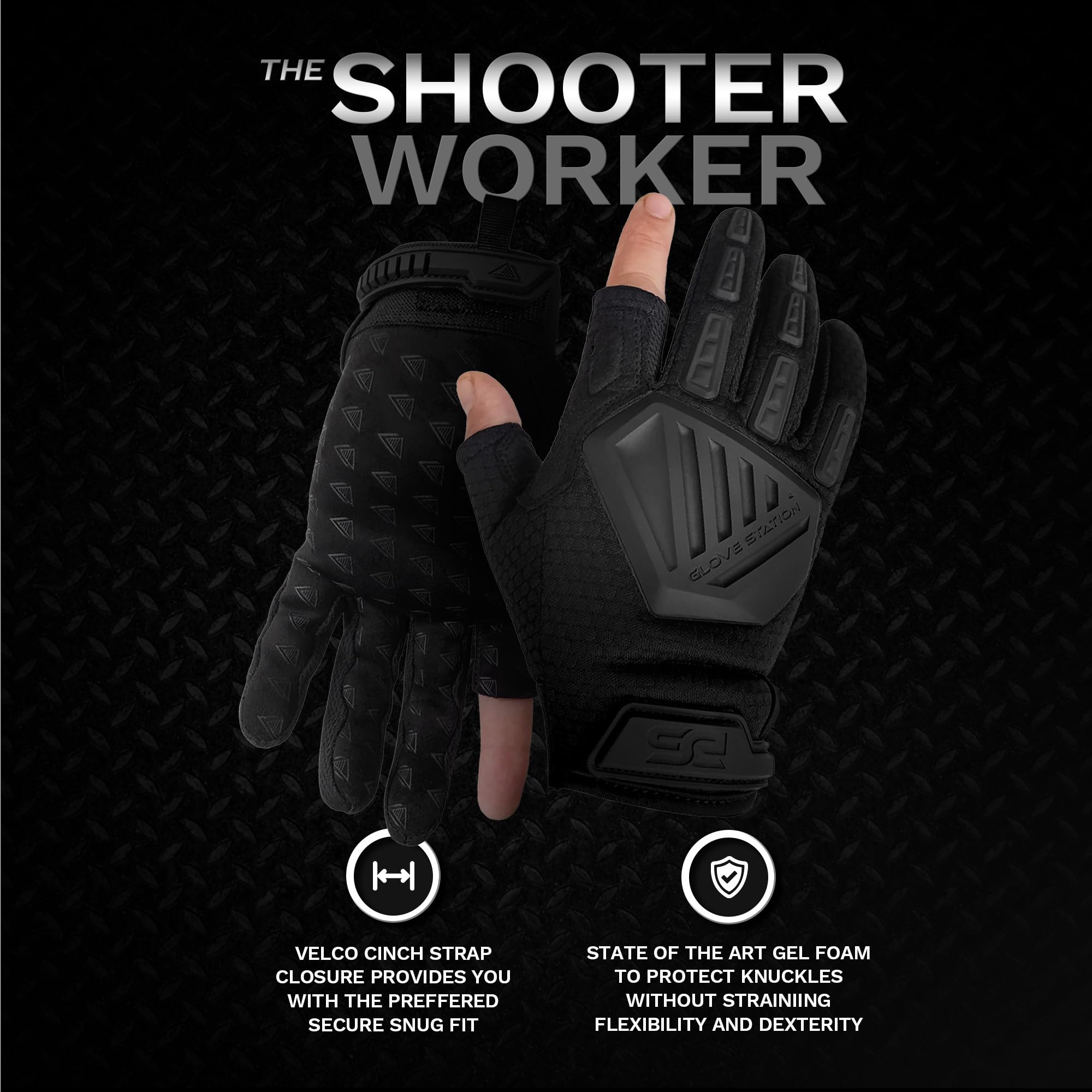 Glove Station The Shooter Work Tactical Gloves - Black (Medium), Suede Leather Palm, Knuckle Protection for Men, 2 Fingerless Design for Paintball, Riding and Motorcycle Use