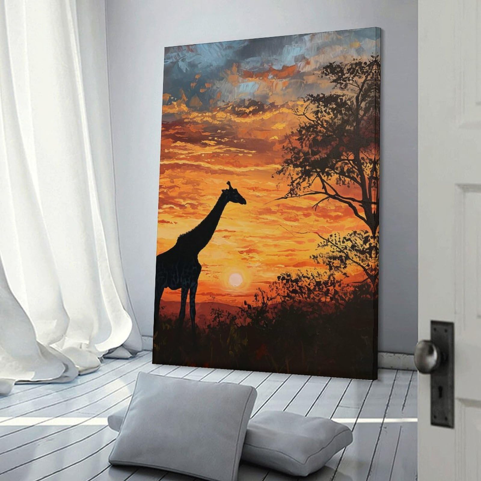 Junmoney Decorative Canvas Print Giraffe Sunset, 20x30inch(50x75cm), for Home Office, Desk Area Or Studio, Home Office Artwork with Decorative Appeal