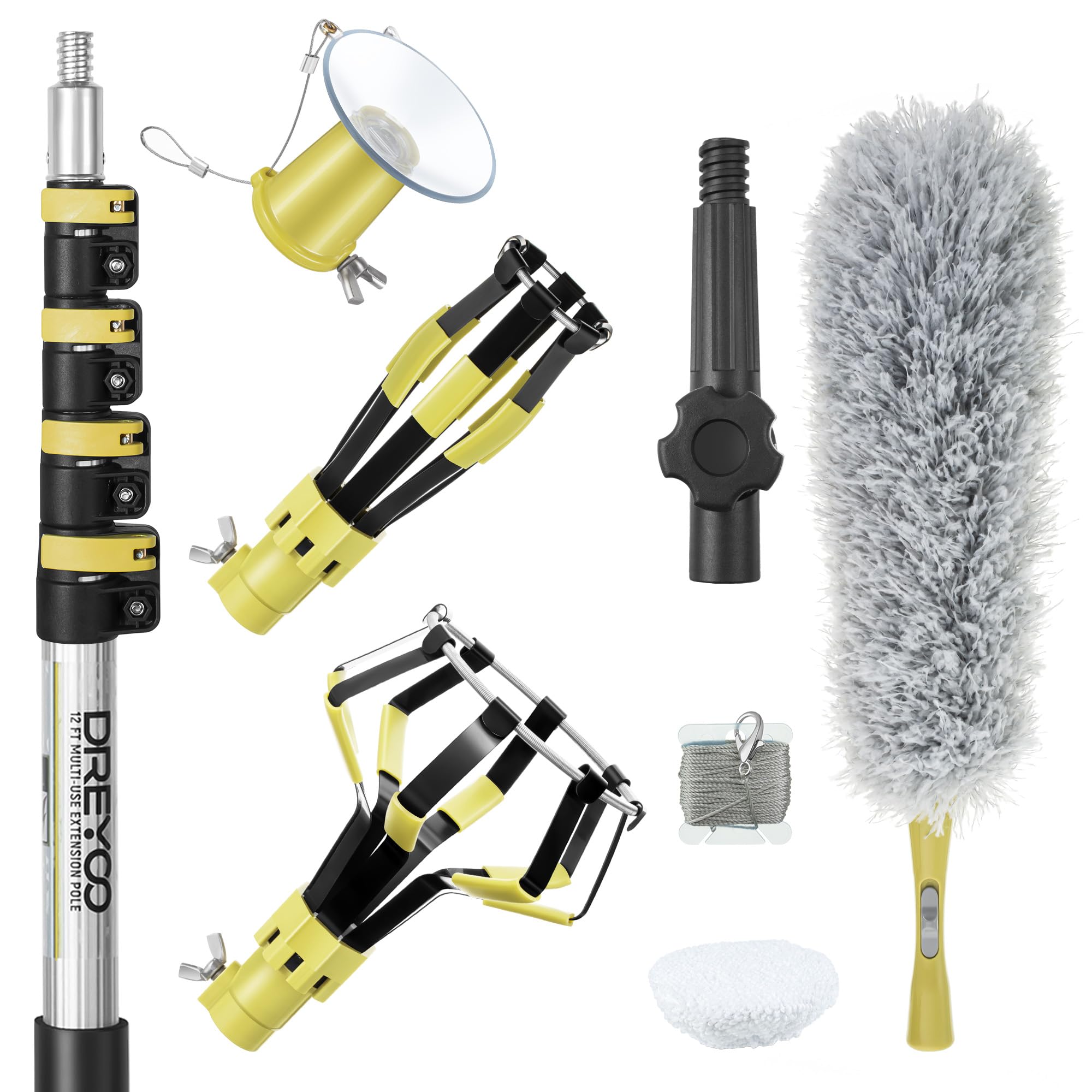 Dreyoo Light Bulb Changer Set with 3 to 12 ft Telescopic Extension Pole, Cage and Suction Cup Light Bulb Changer for High Ceilings and Recessed Lights, Ceiling Lightbulb Removal Tool, Yellow