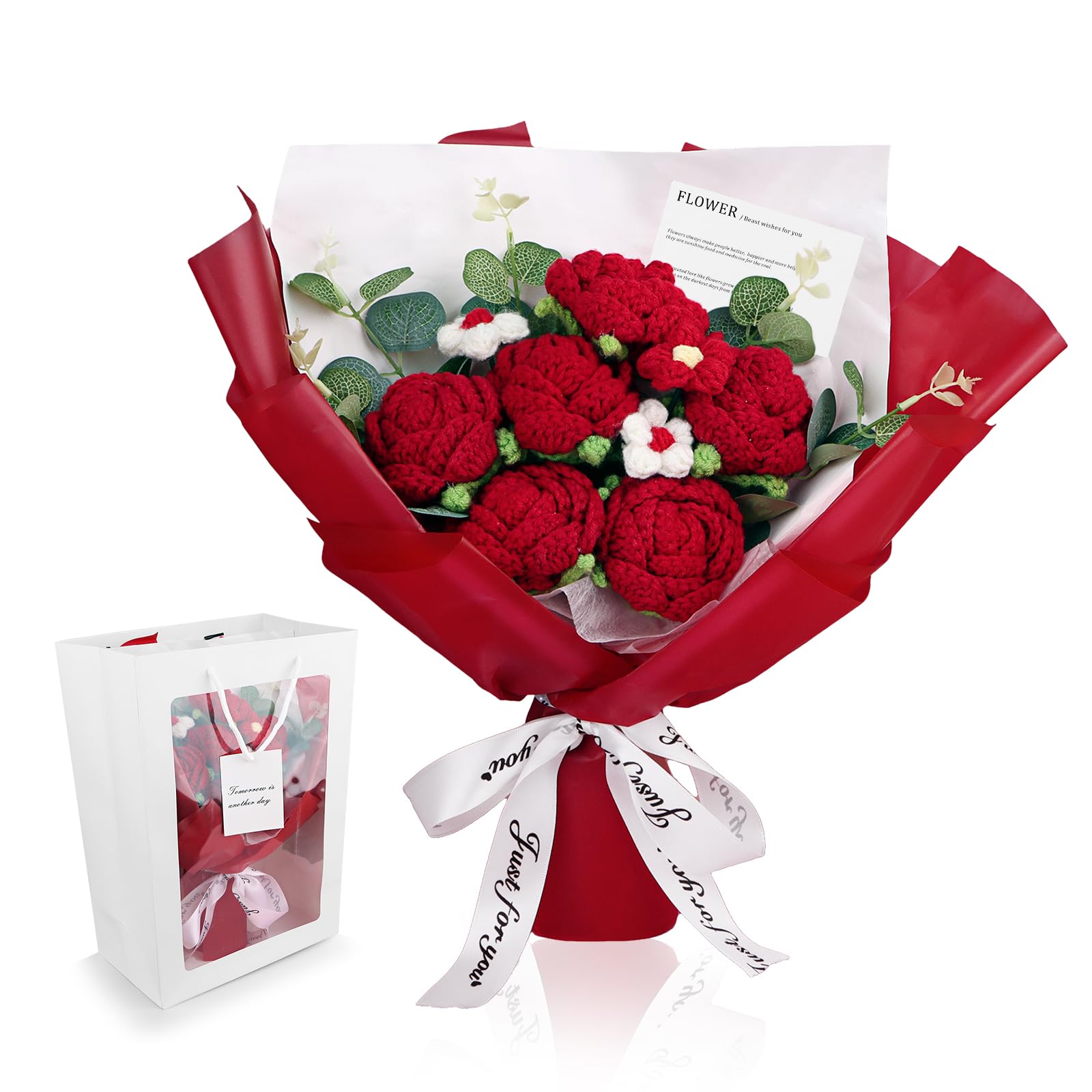 Handmade Crochet Flower Bouquet, Red Roses Knitted Flowers for Women — image 1