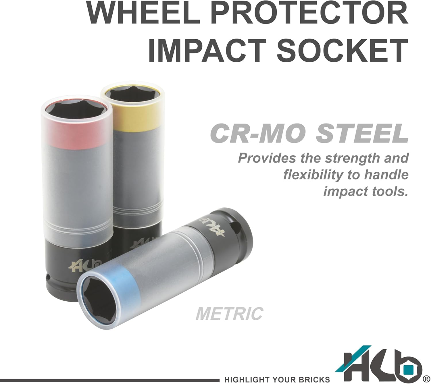 HB Wheel Protector Impact Socket & Dual-Drive Breaker Bar Set KKM001-U | 1/2" & 3/8" DR Flex Head Bar | Thin-Wall Color-Coded CR-MO Sockets 17mm 19mm 21mm with Protective Sleeves | Made in Taiwan