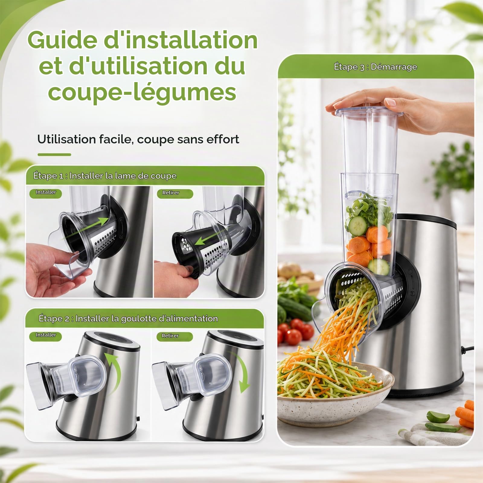 Coupe-Légumes Électrique 5 en 1 800W avec 5 Cônes en Acier Inoxydable, Trancheuse Électrique Multifonction, Râpe Professionnelle, Lavable au Lave‑Vaisselle, pour Légumes, Fruits, Fromage, Gris