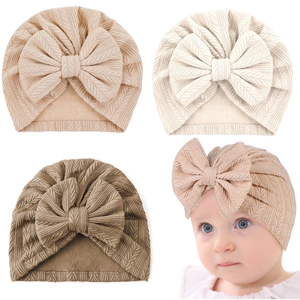 palay 3pcs Cap for Baby Girl Boy, Lovely Bow Caps for Babies, Soft Warm Turban Baby Cap 0-3 Month, Stretchy Baby Girl 3-12 Months Infant Hat for Newborns Shower Gift-picture-24