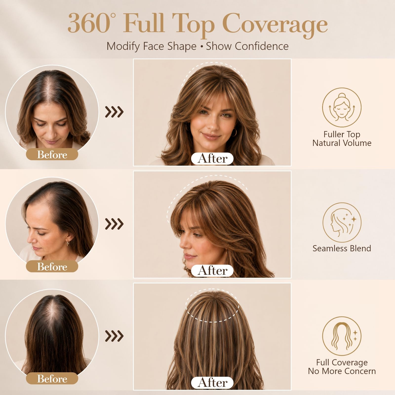 Rich Choices Pony Haarteile Echthaar für Damen Remy Human Hair Topper Echthaar 360°3D‑Abdeckung Haartopper Natürlicher Haarwirbel Oberkopf Clip in Haarteile mit Pony 25cm #2 Dunkelbraun