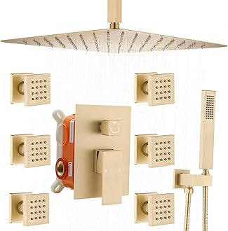 12Inch Rain Mixer Shower Faucet System with Body Spray Jets Ceiling Mounted Shower Combo Complete Set, Brushed Gold