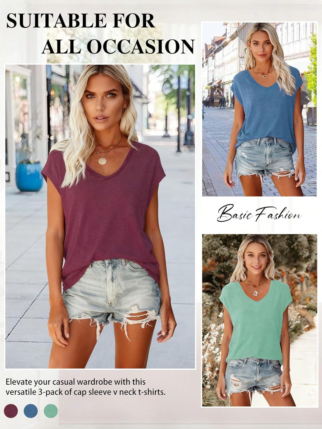 LOOKFACE 3 Pack Womens Cap Sleeve Tops V Neck T Shirts Casual Spring Summer Beach Vacation Fashion Basics Tee Clothes - Image 6
