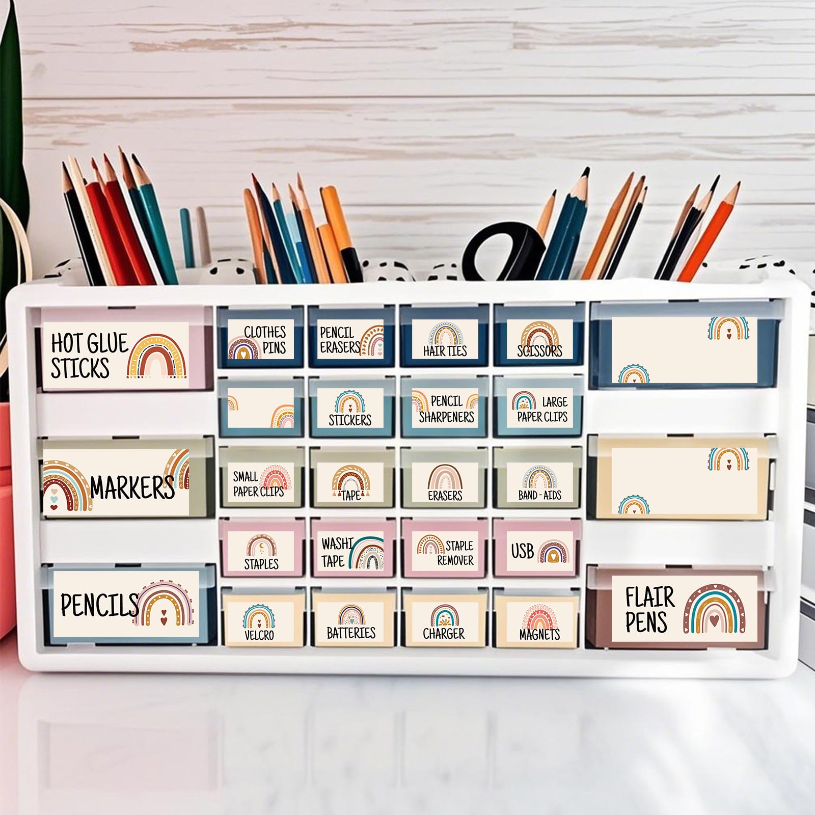 Photo 1 of 54Pcs Teacher Toolbox Labels Classroom Decoration Self-Adhesive Boho Rainbow Toolbox Sticker Boho Tool Box Storage Decal Rainbow Organizer Container Decor for Back to School Teacher Supplies