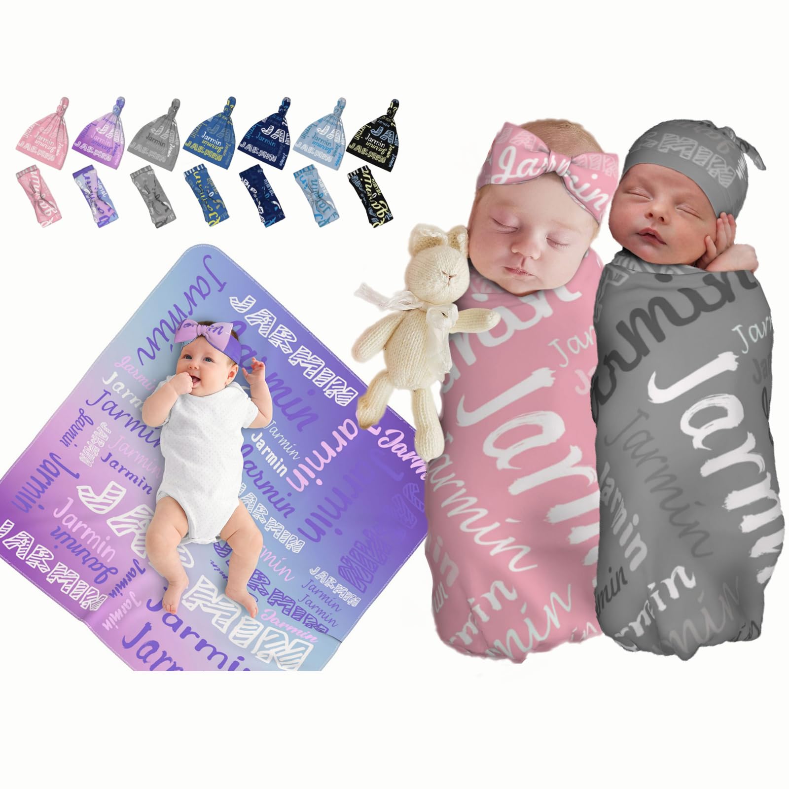 ABERPOR Personalized Baby Swaddle Sets for Boys/Girls - Customized Swaddle Blankets for Newborns With Hat and Headband