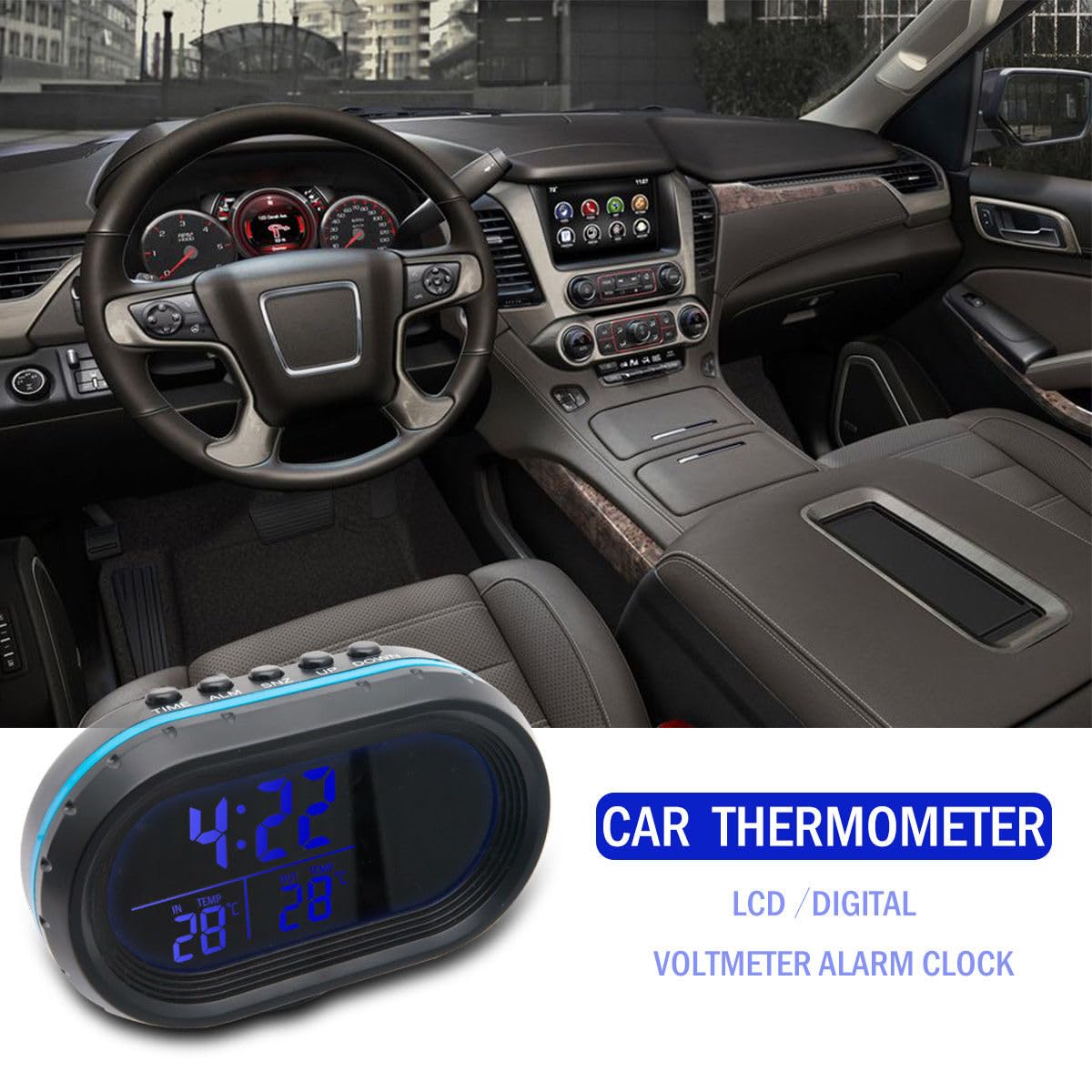 Orologio per auto, KACEPAR 12V / 24V Termometro per monitor voltmetro per auto con display LCD temperatura/tempo, monitor della batteria dell'orologio da cruscotto digitale con retroilluminazione
