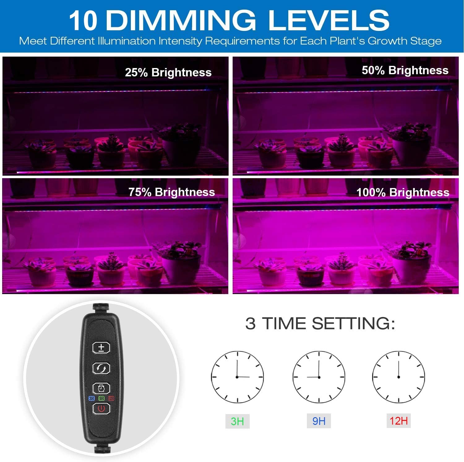 Four panels showing plants under 25%, 50%, 75%, and 100% brightness levels