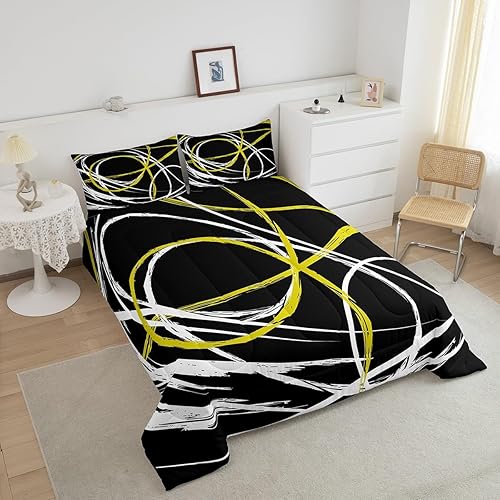 Miniatura 4 de Castle Fairy Juego de edredón de rayas espirales abstractas tamaño individual, juego de ropa de cama de líneas blancas y amarillas para niños y