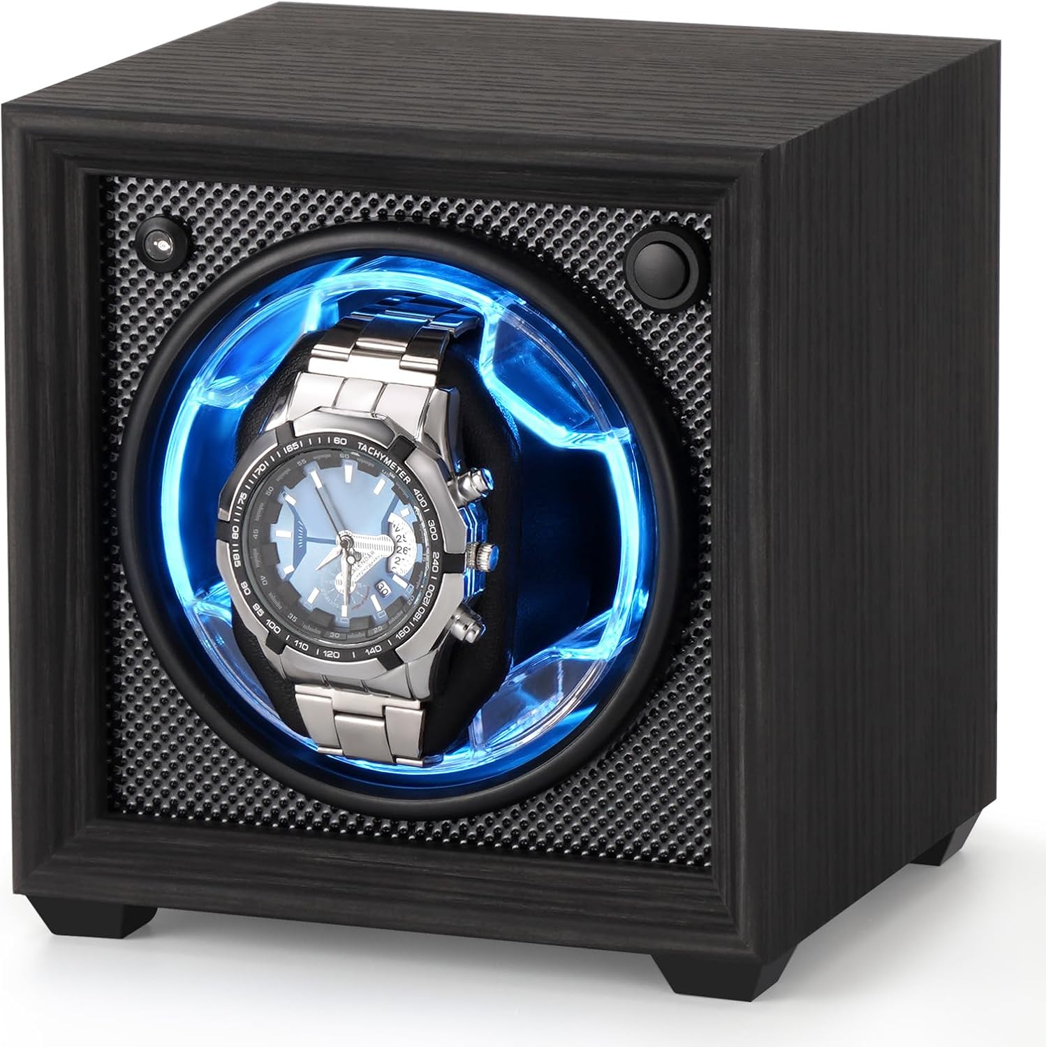 Isili Single Watch Winder with a watch inside, illuminated by blue light.