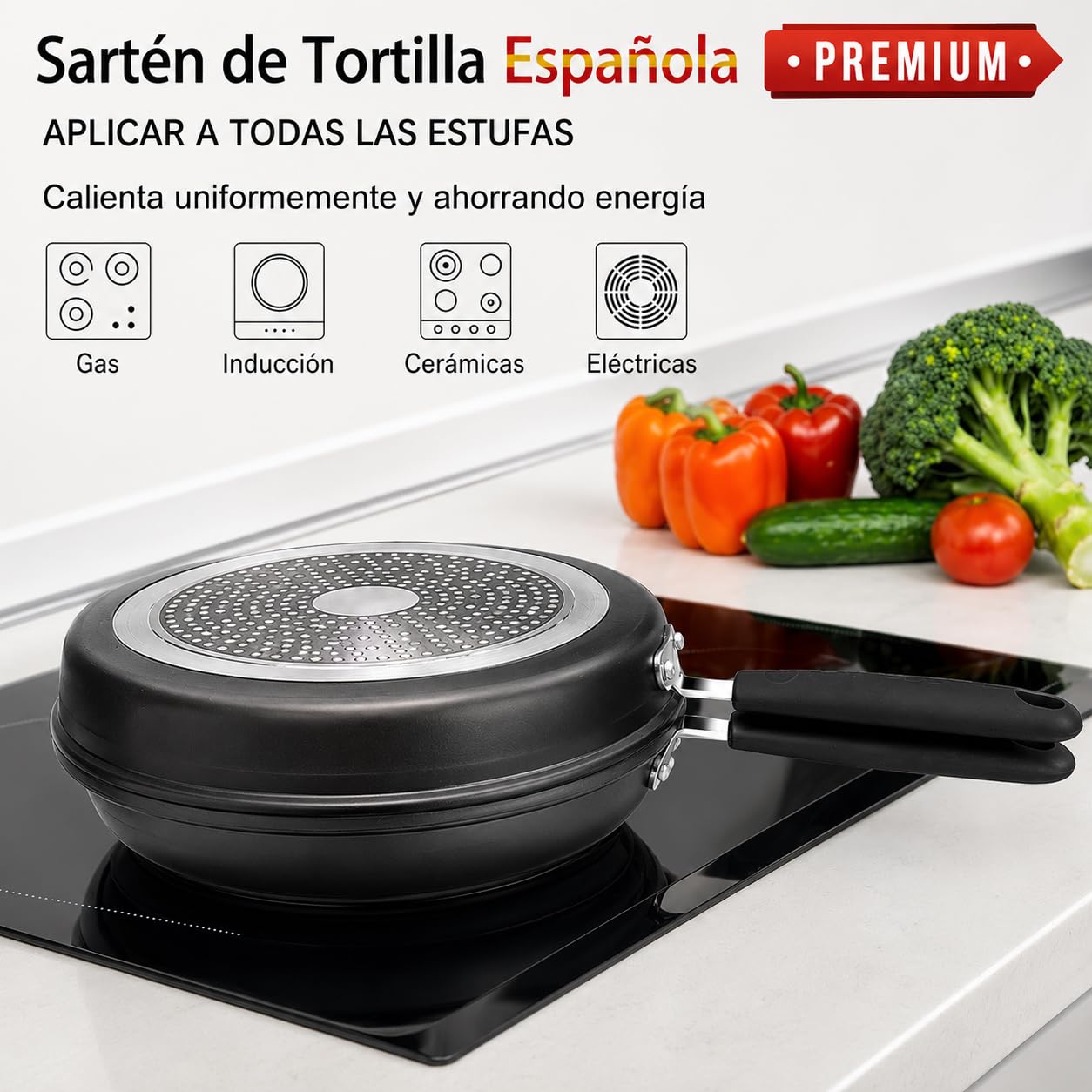 Sartén Doble para Tortilla 28 cm, Sartén para Tortilla de Patatas Antiadherente de Aluminio Fundido, Diseño de Doble Cara para Dar la Vuelta Fácilmente, Apta para Inducción y Lavavajillas