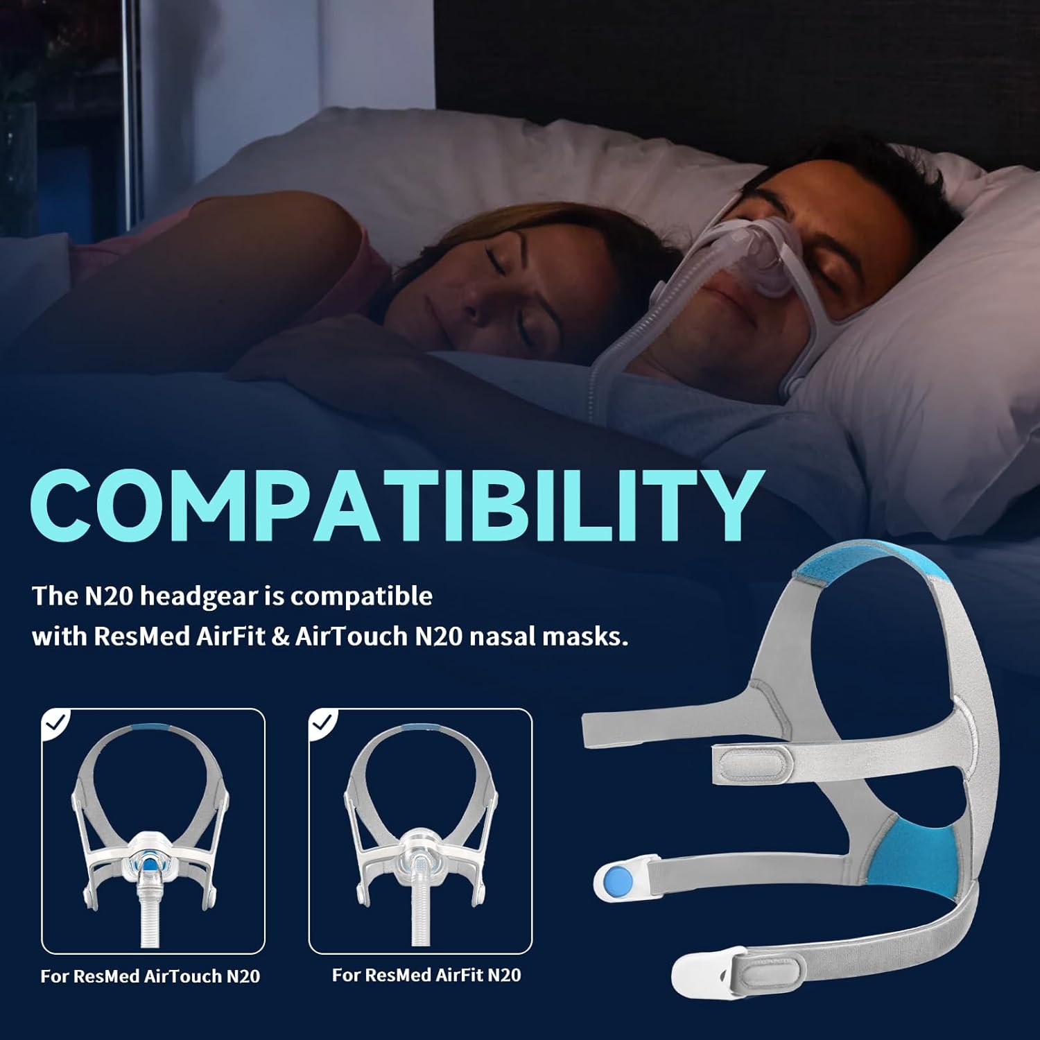 N20 Headgear Compatible with ResMed AirFit AirTouch Nasal Mask Headgear, N20 Full Face Mask Headgear Strap - Large (2 x Soft Breathable Headgear + 4 x Magnetic Clips) - Image 2
