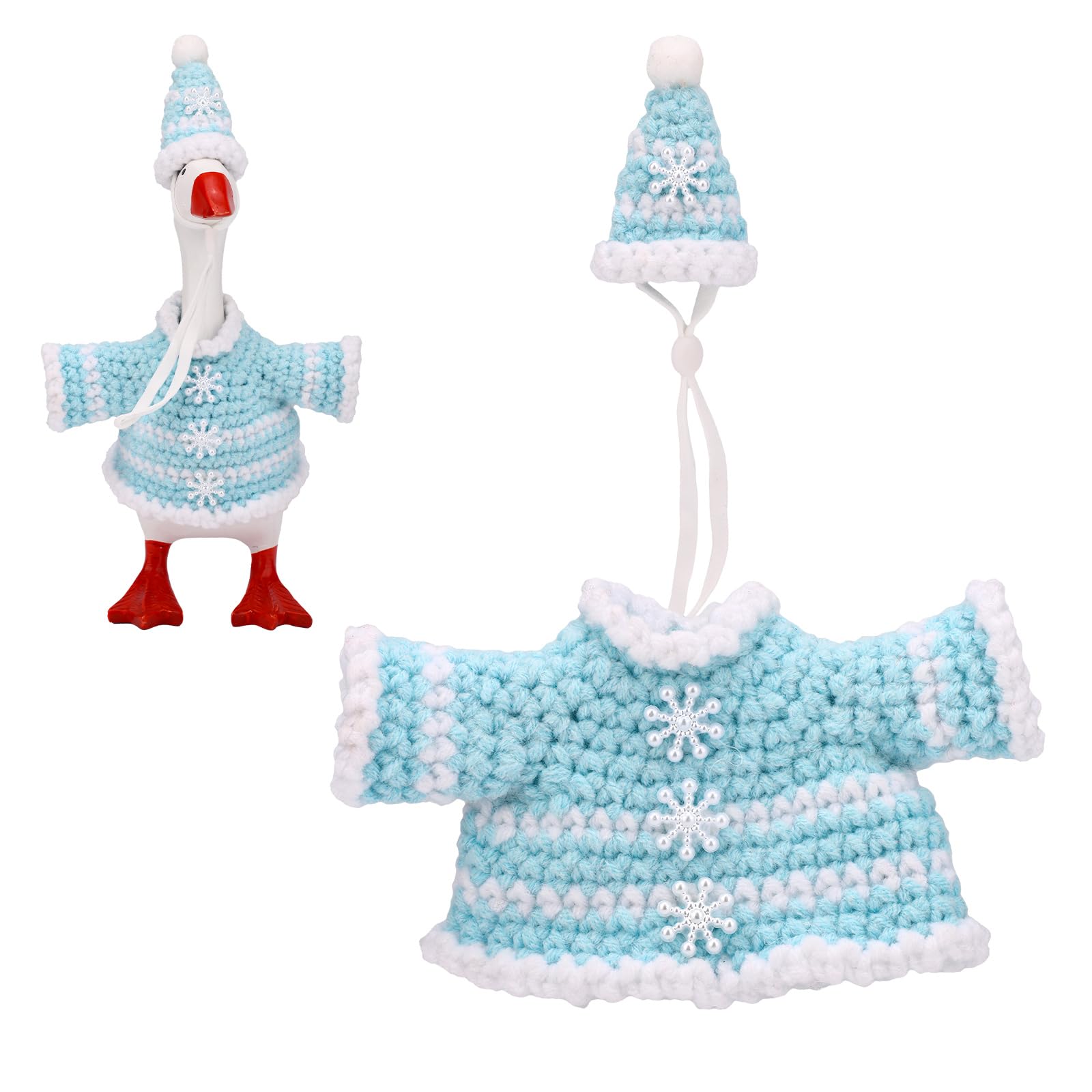 Sinbana Winter 7in/17.78cm Mini Desk Goose Outfits, Snowflake Knitted Goose Clothes & Hat for Desktop Magnetic Geese Key Holder Christmas Holiday Small Animal Statue Decor