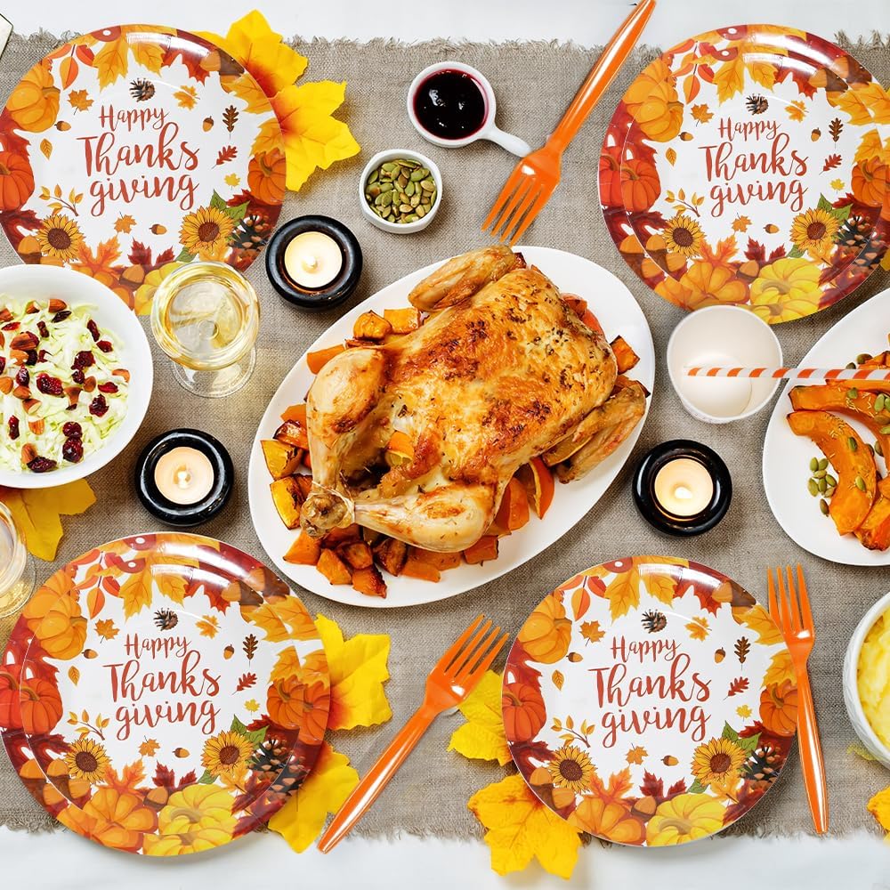 Thanksgiving Plates, Disposable Thanksgiving Paper Plate, Table Decorations, Serves 24 Dinnerware Set, Fall Paper Plates and napkins Party Supplies, Fall Party Decorations