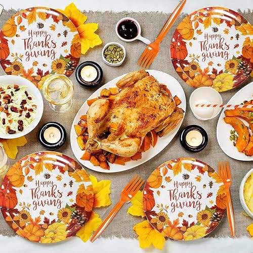Miniatura 5 de Platos de Acción de Gracias, plato de papel desechable de Acción de Gracias, decoraciones de mesa de Acción de Gracias, sirve 24 juegos de vajilla