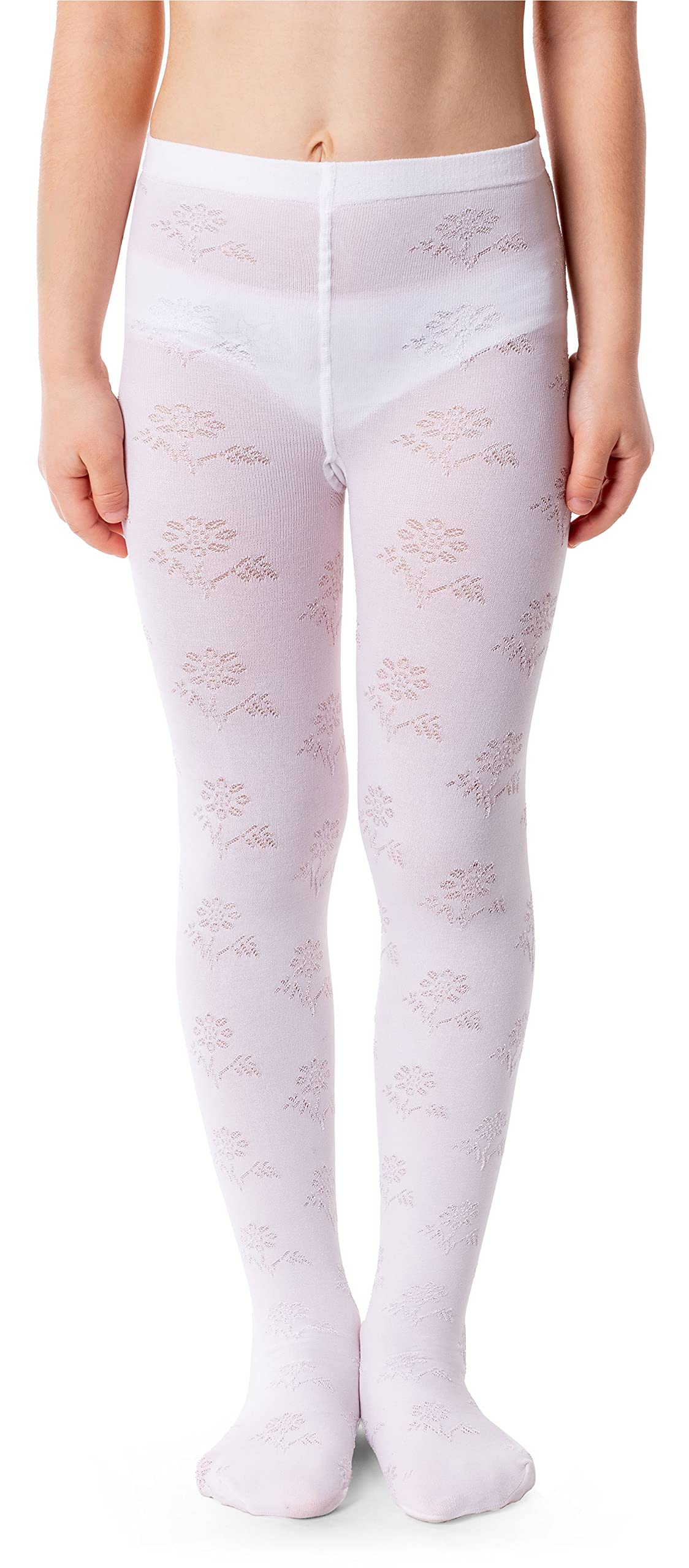 Noq Girls Balbina Bianco Tights With 3D Effect Pattern Plain Dance Gymnastic School Pantyhose Fancy Outfit Little Princess, 6-7 Years (116-122 Cm)