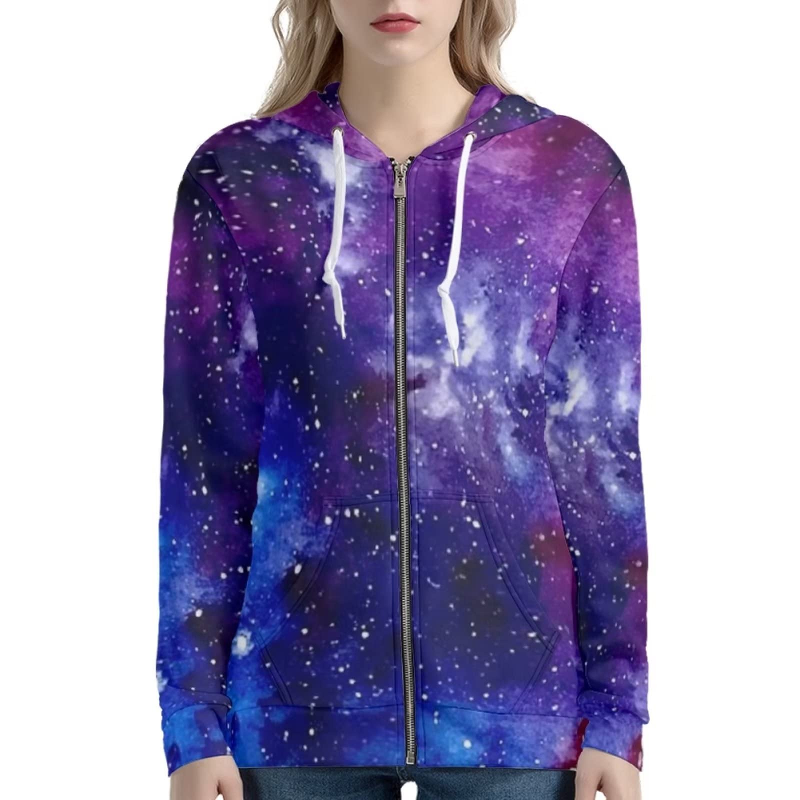 Xoenoiee Y2K bluza z kapturem damska bluza z zamkiem błyskawicznym dziewczęca kurtka uliczna długi rękaw oversize swetry z kapturem luźny krój, Galaxy 2, XS
