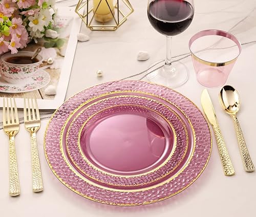 Miniatura 3 de Nervure 150 platos de plástico morado transparente, 100 servilletas de papel blanco y dorado incluyen: 25 platos de cena, 25 platos de postre, 25
