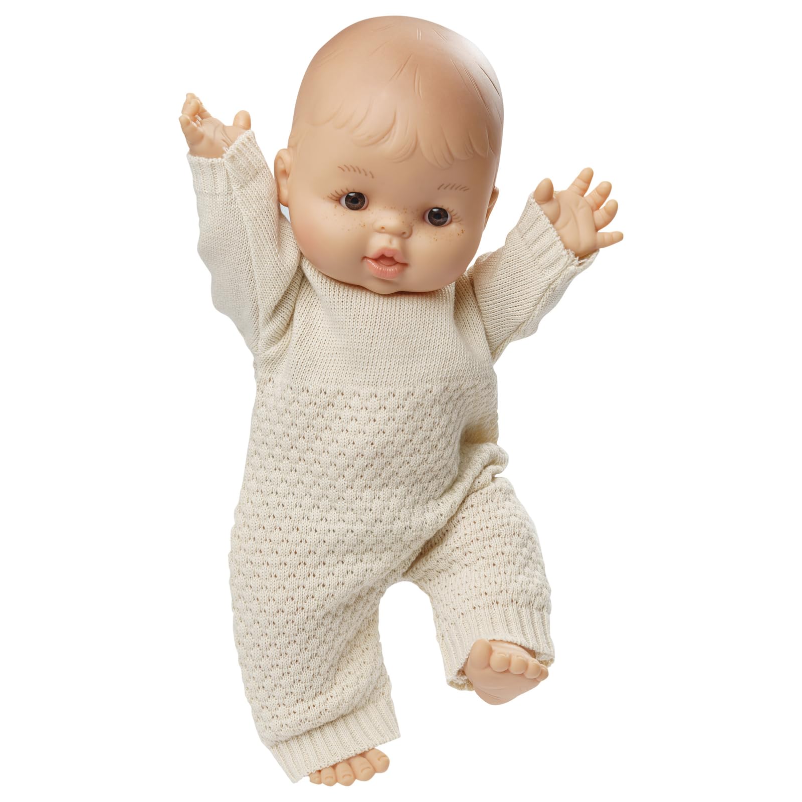 Heless 54034 - Mädchen-Babypuppe Gordi von Paola Reina, mit einem Bio-Strickstrampler in Beige, Puppe in der Größe ca. 34 cm