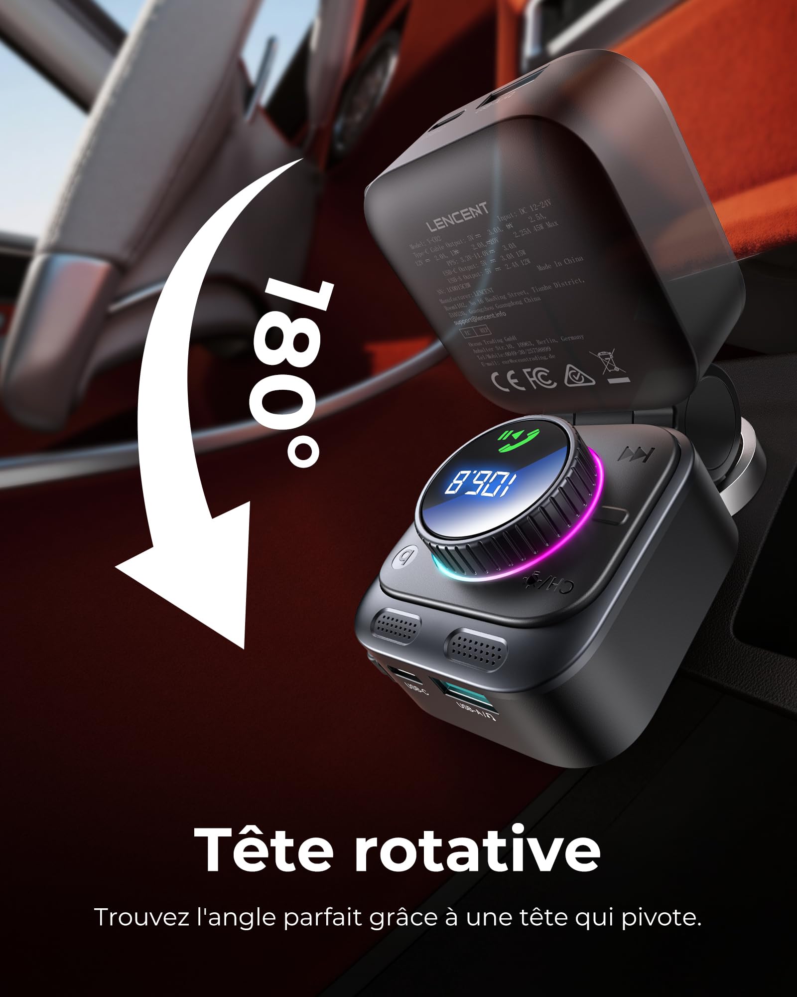 LENCENT Transmetteur FM Bluetooth 5.4, Chargeur Rapide Max 72W avec Câble Extensible, Musique Hi-FI, Anti-Bruit, Main Libre, Rotatif à 180° pour iPhone 17/16