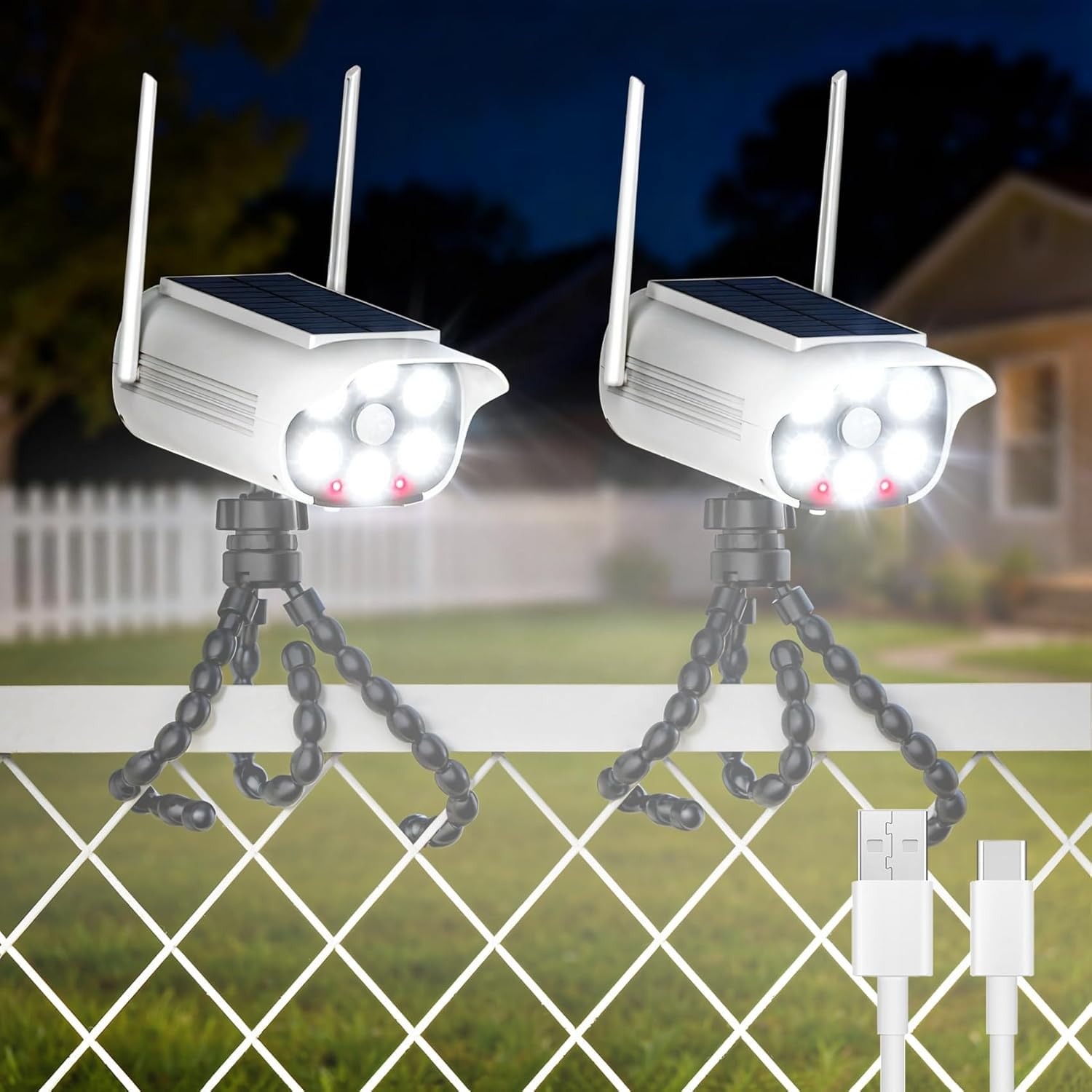 Telecamera di sicurezza finta a energia solare, simulata telecamera di sorveglianza con sensore di luce rossa lampeggiante realistica, luce bianca a 66 LED per cortile, giardino, centro commerciale